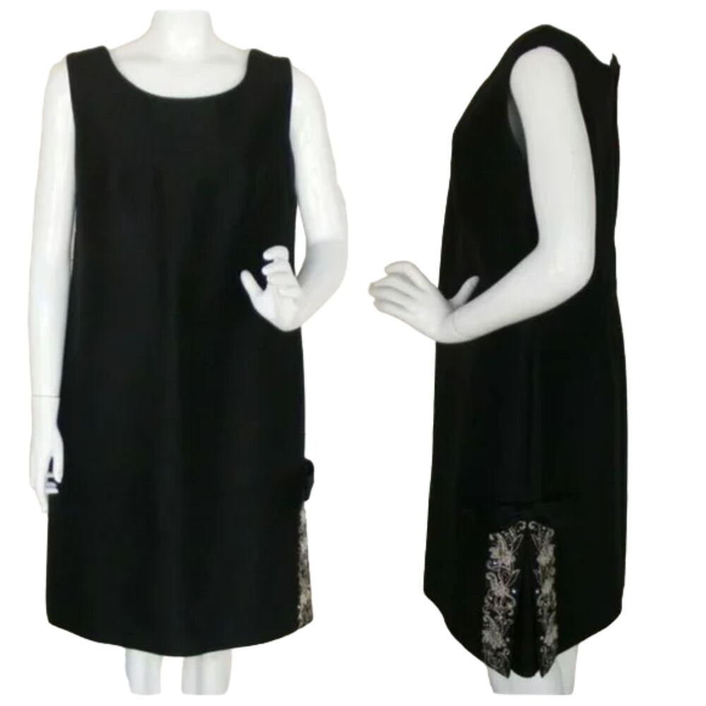 Vintage Evening Dress, L, Shift, Beaded Bow Hem, Black, Sleeveless